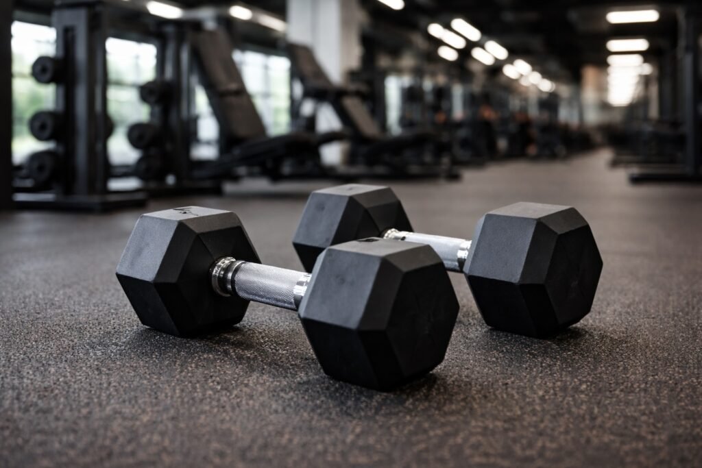 Dumbbells op een rubberen gymvloer, modern fitnessapparatuur voor krachttraining en spierbehoud
