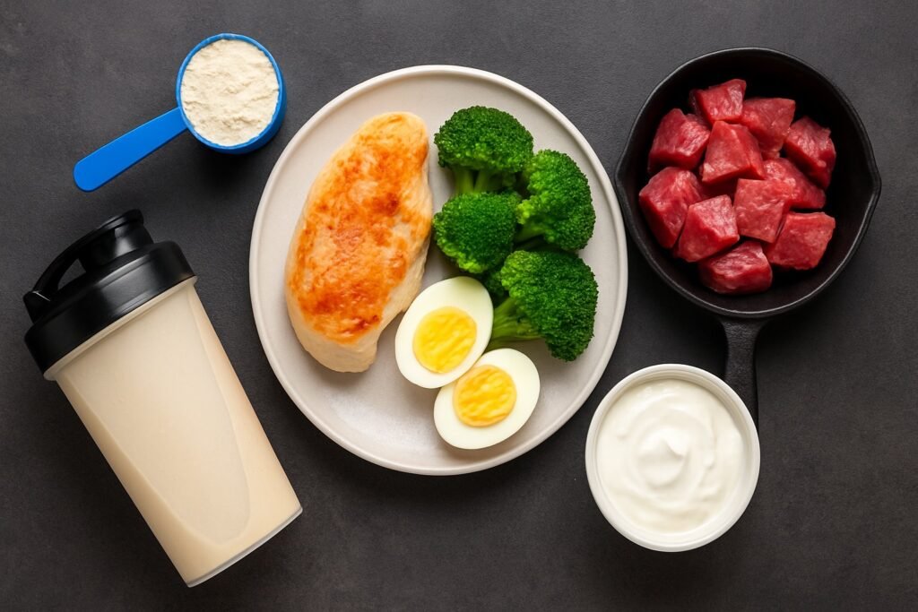 Eiwitrijke voeding op een bord. Ei, broccoli, eiwitpoeder, eiwitshaker
